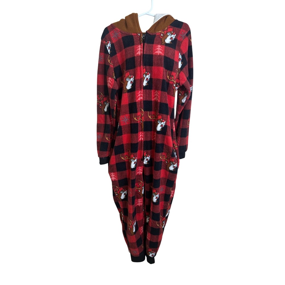 Kids Bucee's Red Plaid Reindeer Christmas Fleece Pajama ‎ One Piece Size YXS S